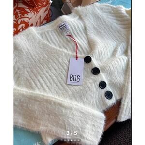 BDG White Fuzzy Button-Up Cropped Sweater